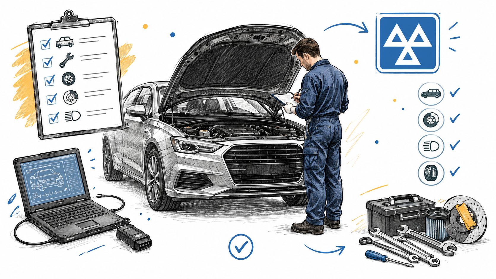 A professional mechanic performing a detailed vehicle inspection with diagnostic tools and repair equipment.