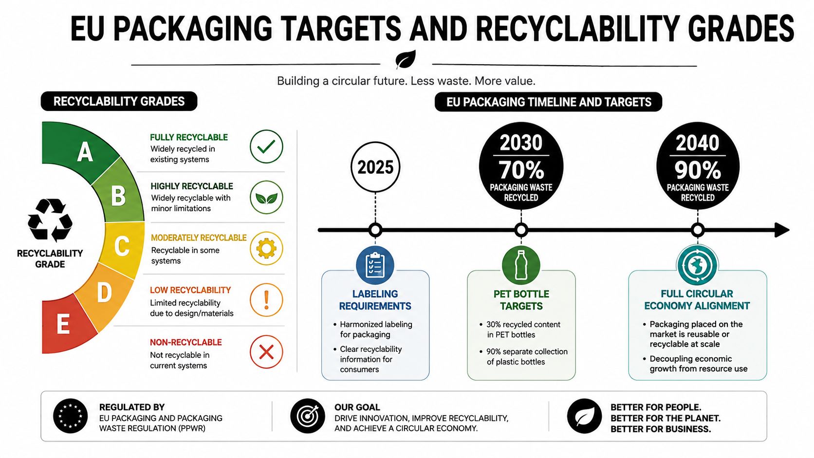 An infographic detailing EU packaging recyclability grades, recycling targets for 2030 and 2040, and policy requirements.