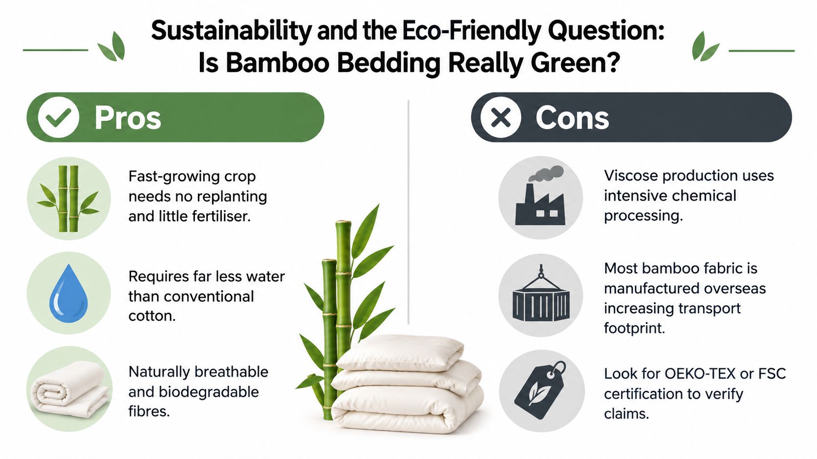 An infographic comparing the pros and cons of bamboo bedding regarding environmental sustainability and production processes.