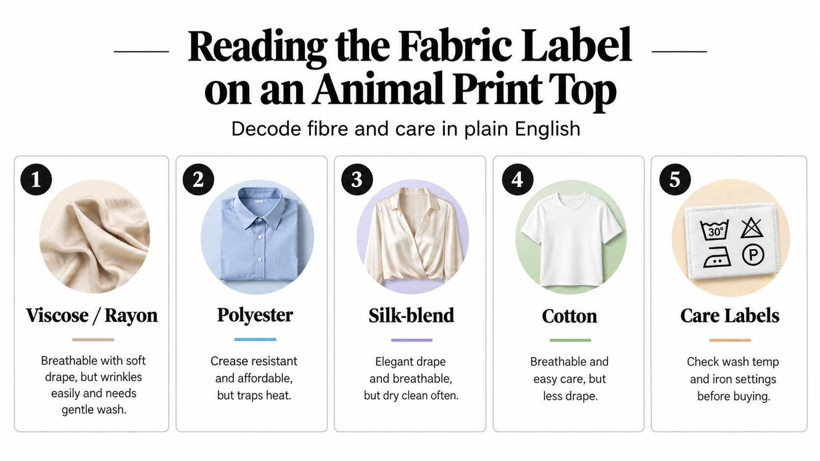 An infographic titled Reading the Fabric Label on an Animal Print Top, explaining five different fabric types and care instructions.