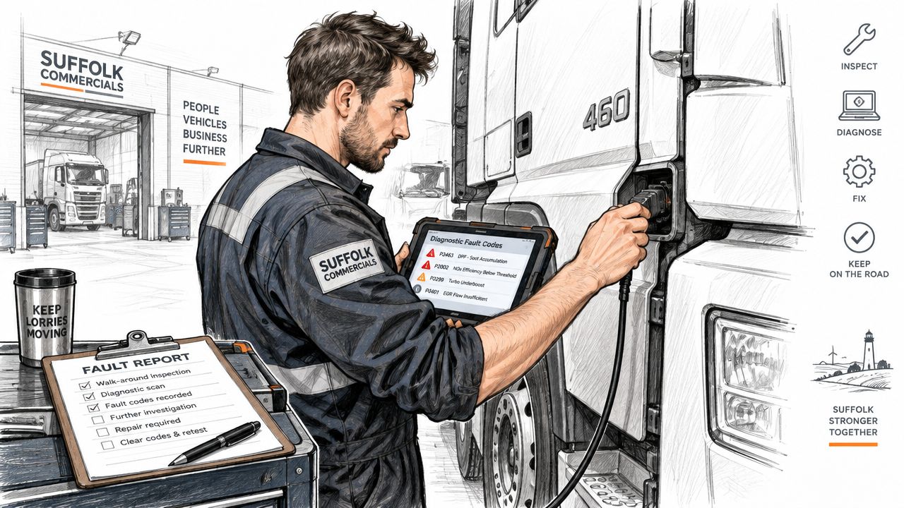 A Suffolk Commercials mechanic diagnosing fault codes on an HGV truck using a tablet computer.