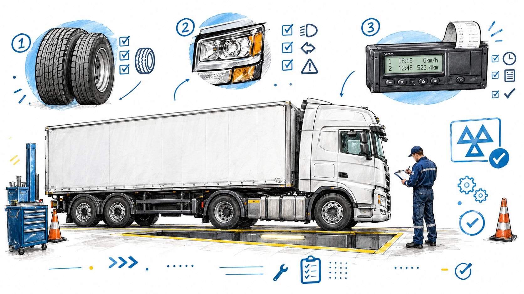 A technician inspecting a large semi-truck for fleet maintenance, highlighting tires, headlights, and digital tachograph data.