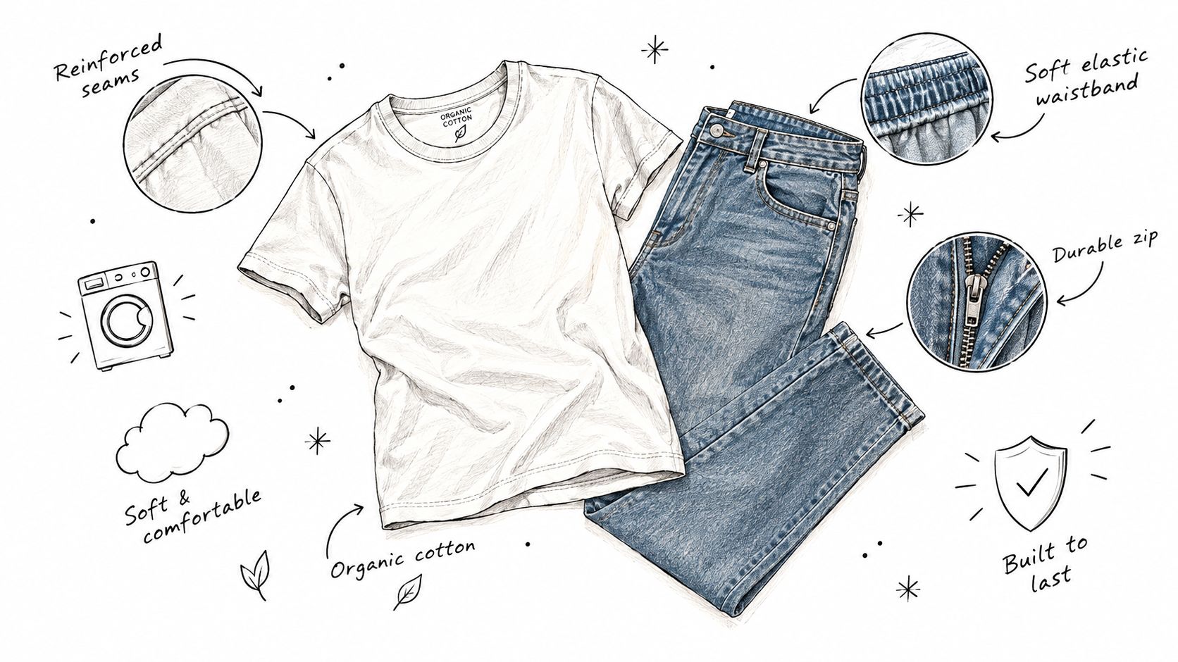 A hand-drawn illustration showing a white t-shirt and blue denim jeans with labels highlighting clothing features.