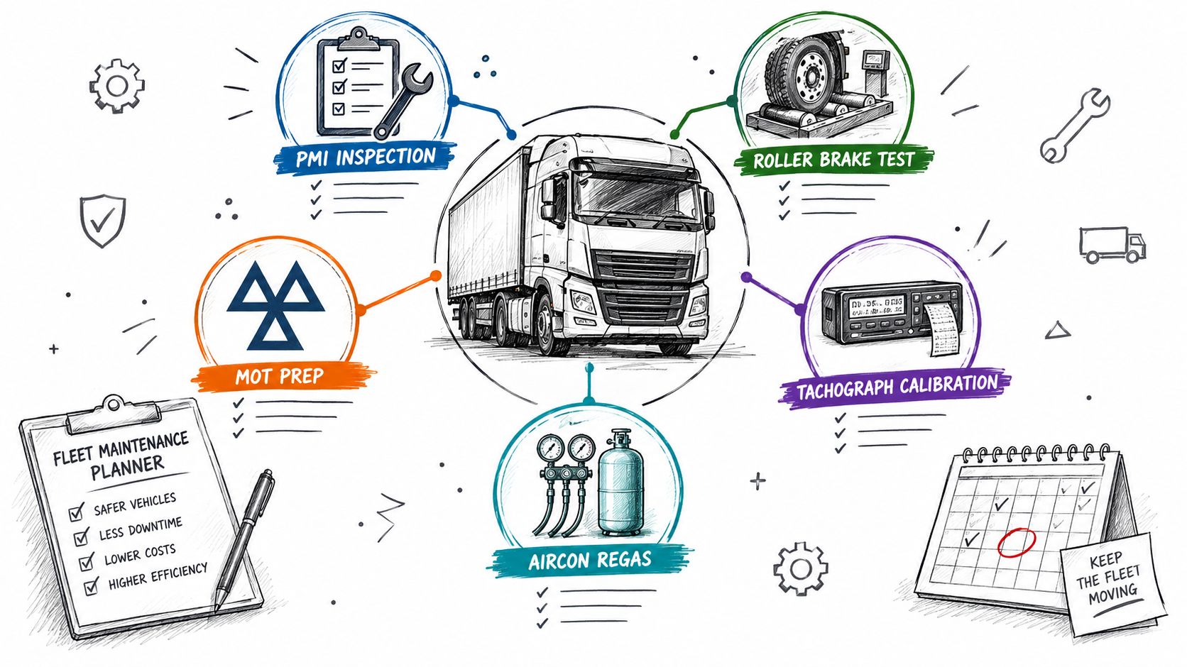 An infographic showing various HGV maintenance services including aircon regas, MOT prep, and vehicle inspections.