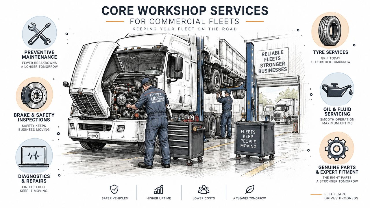 Professional mechanics servicing a commercial heavy goods vehicle inside a workshop for fleet maintenance and repairs.