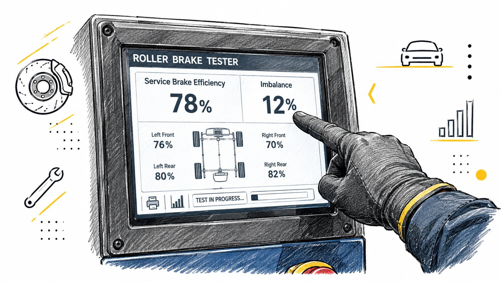 A technician using a digital roller brake tester screen to check the braking efficiency of a vehicle.