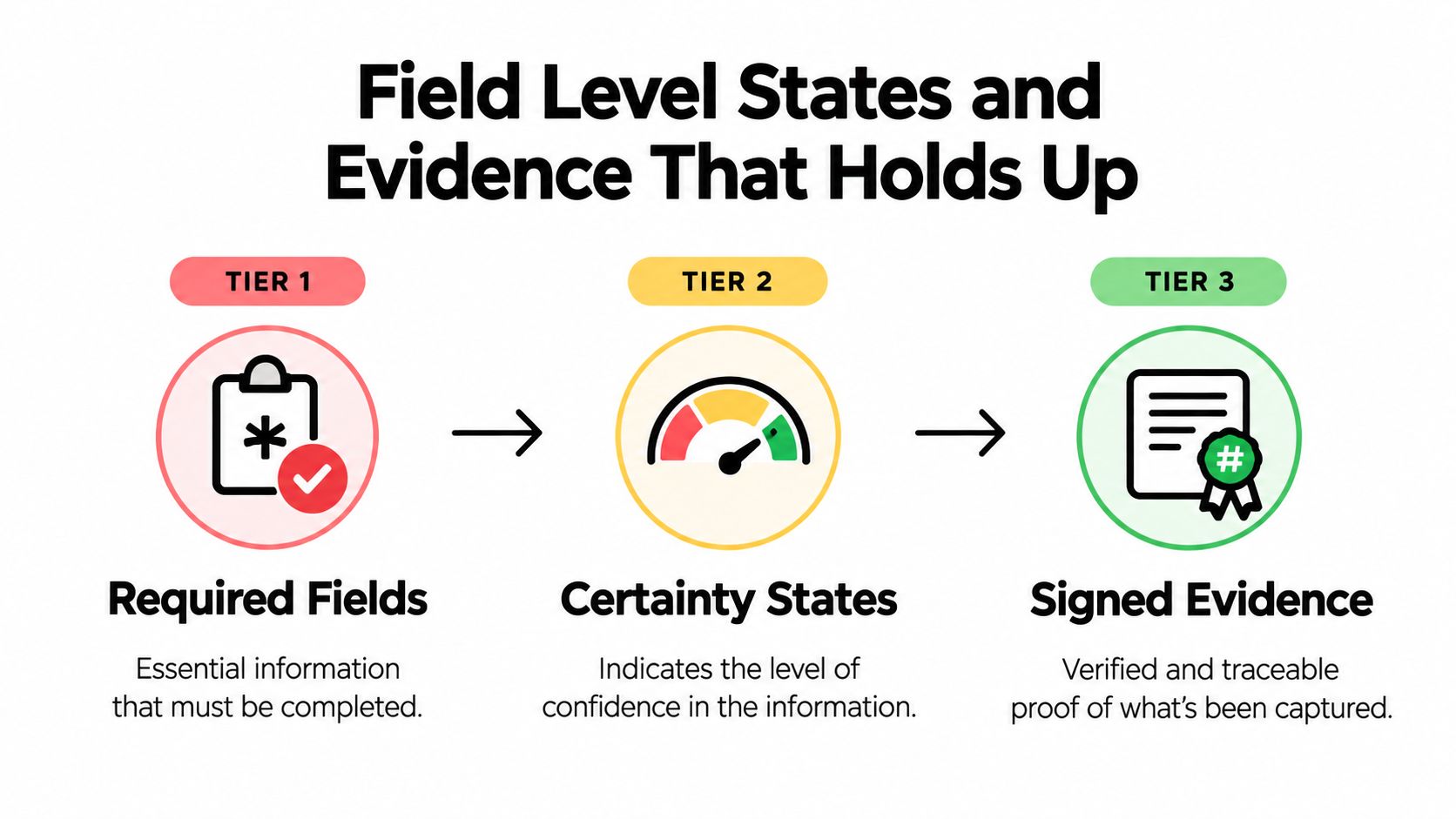 A diagram illustrating three tiers of data verification: Required Fields, Certainty States, and Signed Evidence.