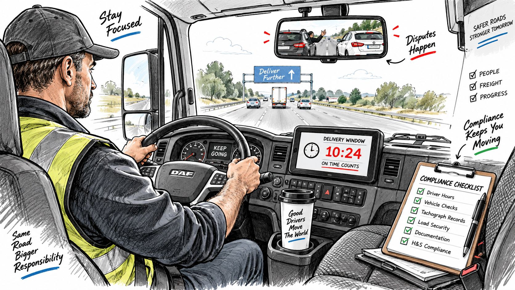 A truck driver focusing on the road with an AI dashcam monitoring traffic, promoting fleet safety and compliance.