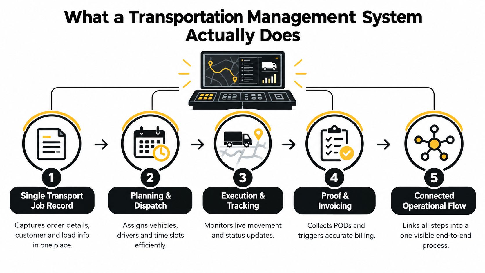 An infographic showing the five key functional steps of a transportation management system process from order to billing.