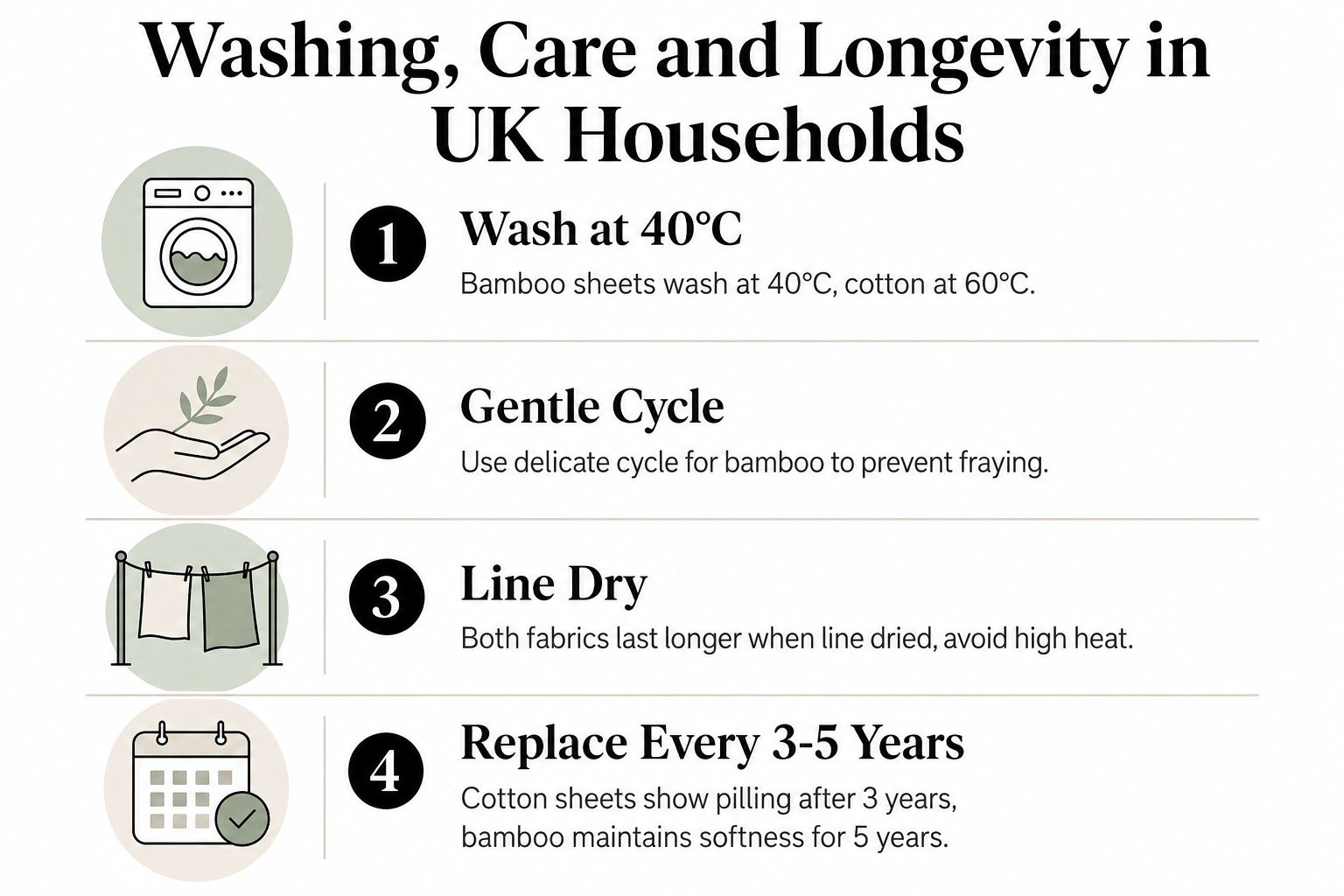 An infographic detailing washing, care, and lifespan advice for bamboo and cotton bed sheets in UK households.
