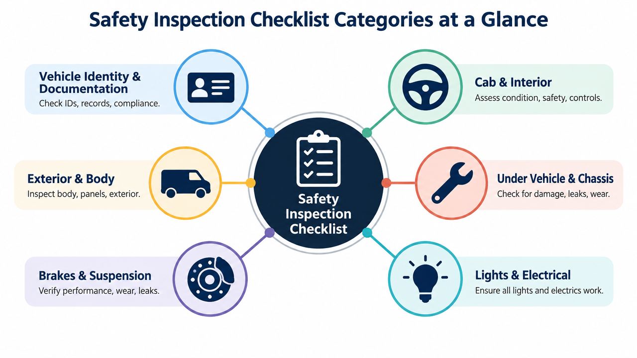 A circular infographic detailing key categories for a comprehensive vehicle safety inspection checklist for maintenance.