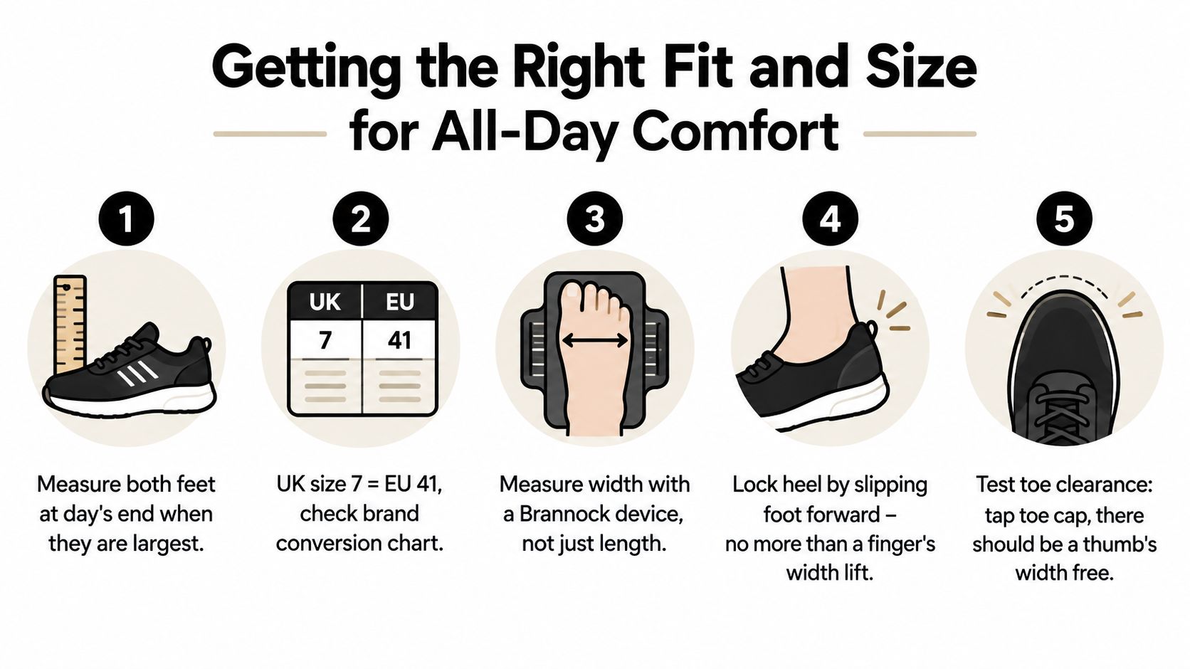 A five-step guide illustration explaining how to measure feet and ensure the correct safety footwear size.