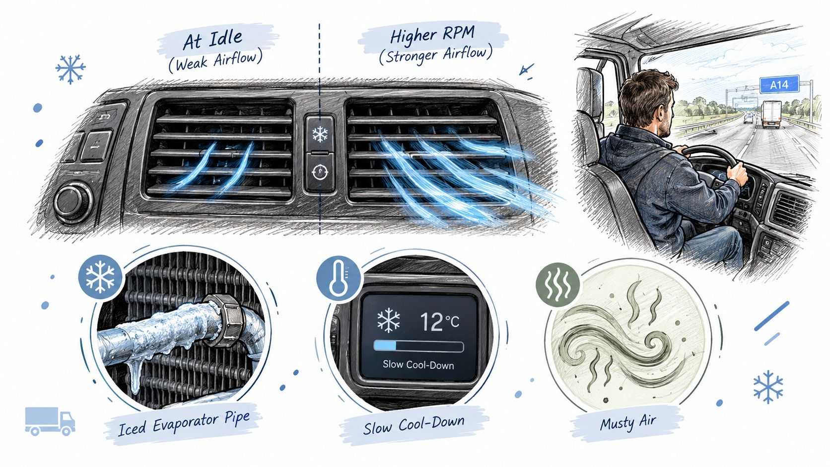 A diagram illustrating common issues with HGV air conditioning systems including weak airflow, freezing, and musty odors.