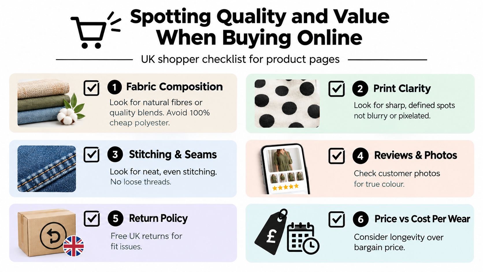 An infographic titled Spotting Quality and Value When Buying Online featuring six tips for smart shopping.