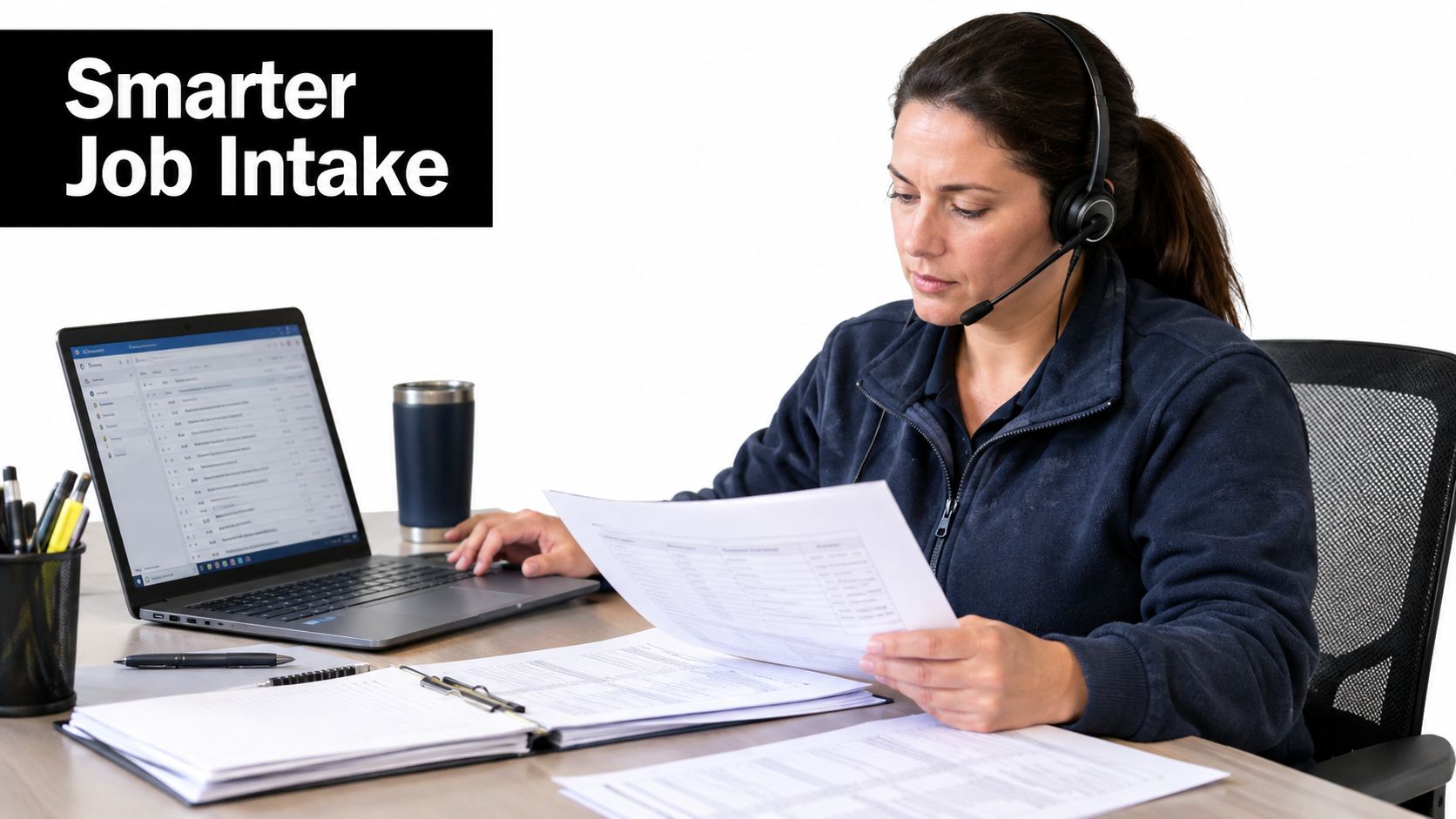 A woman wearing a headset reviews paperwork while working on a laptop for job intake processes.