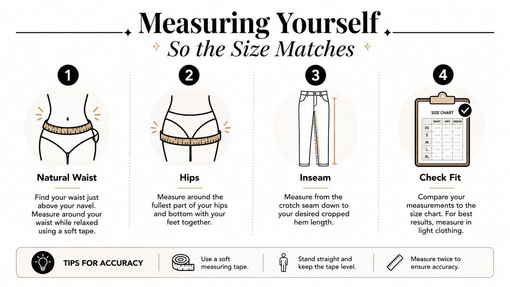 An instructional infographic demonstrating how to measure natural waist, hips, and inseam for clothing size accuracy.