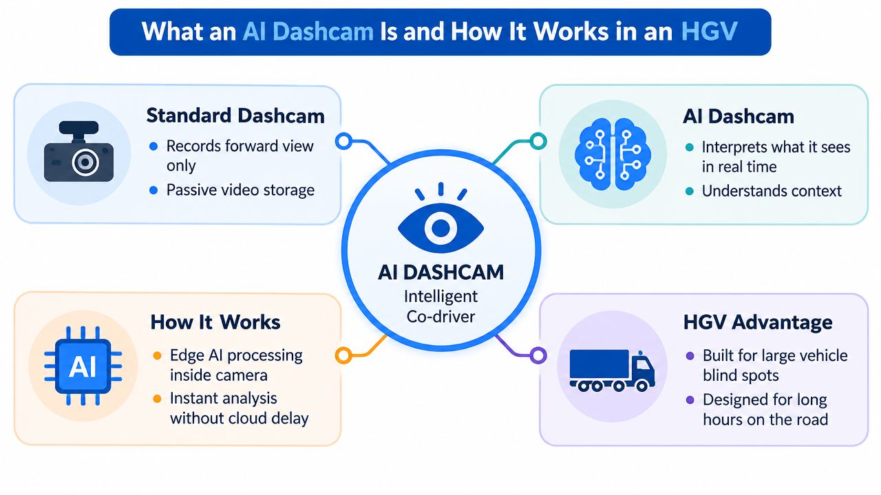 An infographic explaining how AI dashcams provide intelligent monitoring and safety features for HGV fleet vehicles.