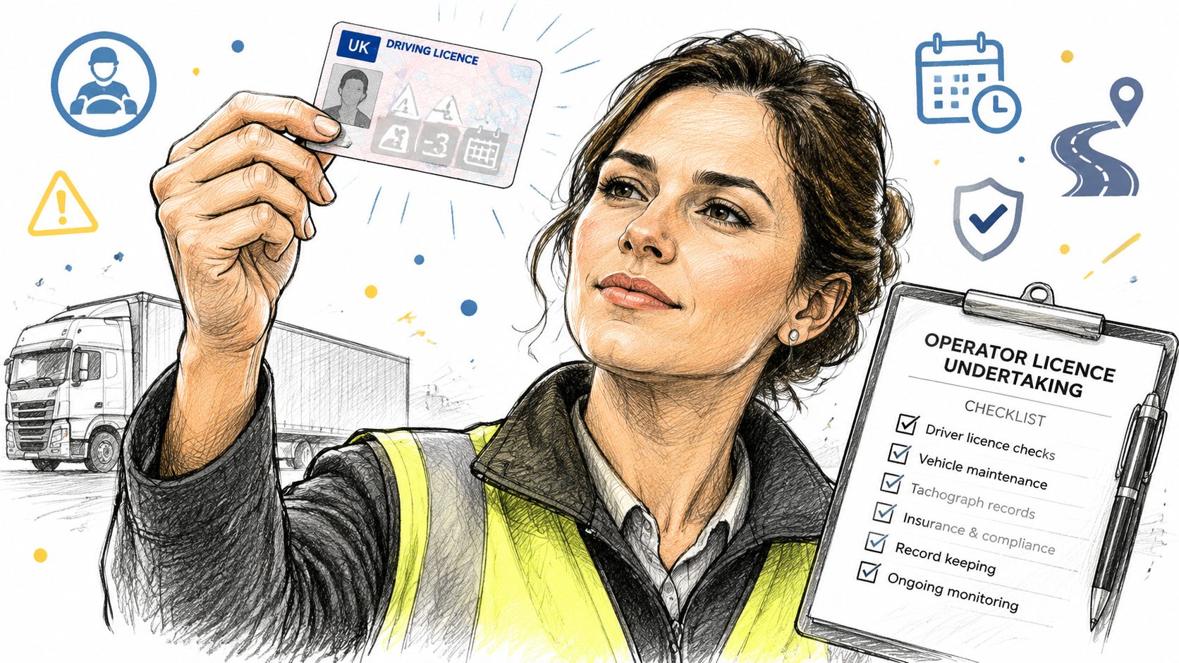 A professional woman in high-visibility gear holding a UK driving licence with an operator licence checklist.