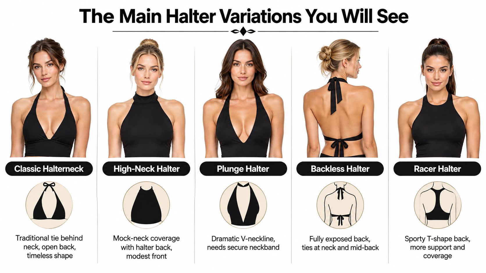 A visual guide displaying five different styles of women's halter neck tops with descriptive labels and icons.