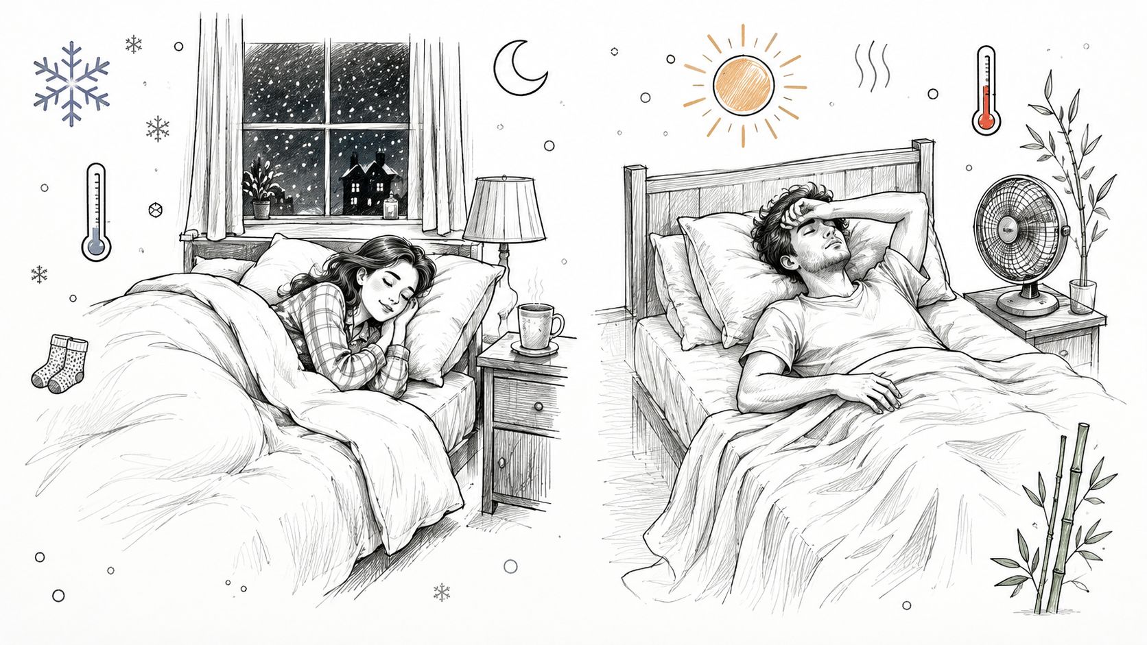 A split image showing a person sleeping comfortably in bed during winter and another during summer.