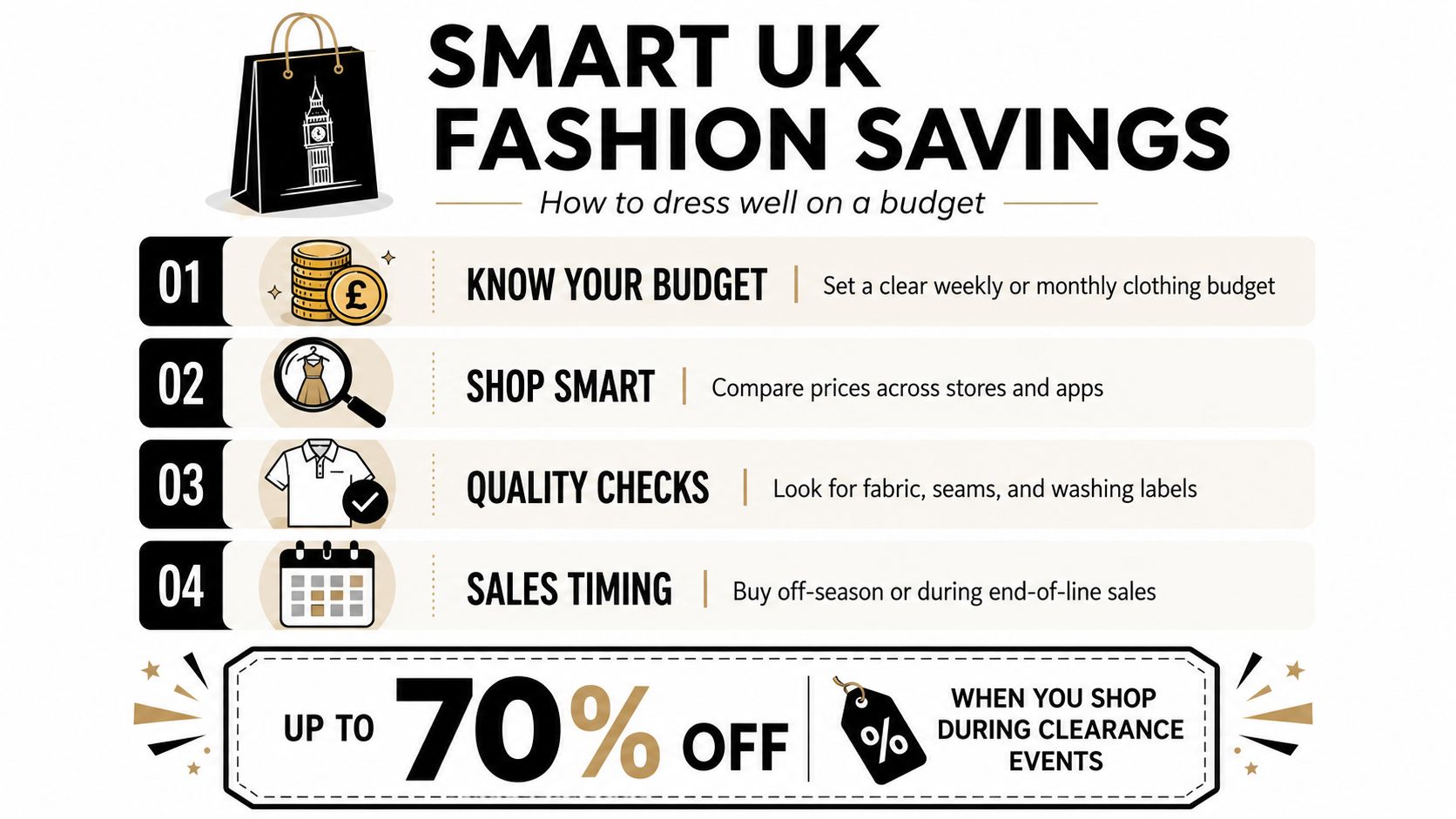 An infographic titled Smart UK Fashion Savings providing four essential tips for dressing well on a budget.