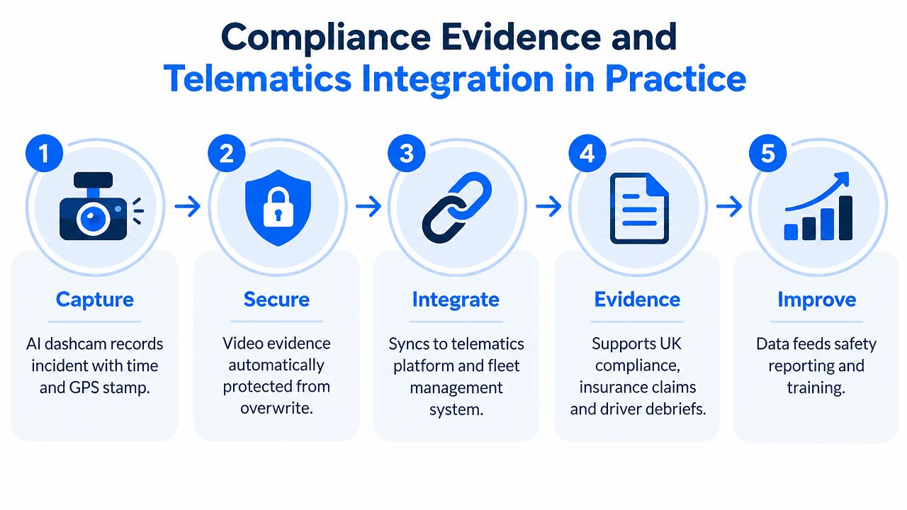A five-step infographic showing how AI dashcam systems capture, secure, integrate, provide evidence, and improve fleet safety.
