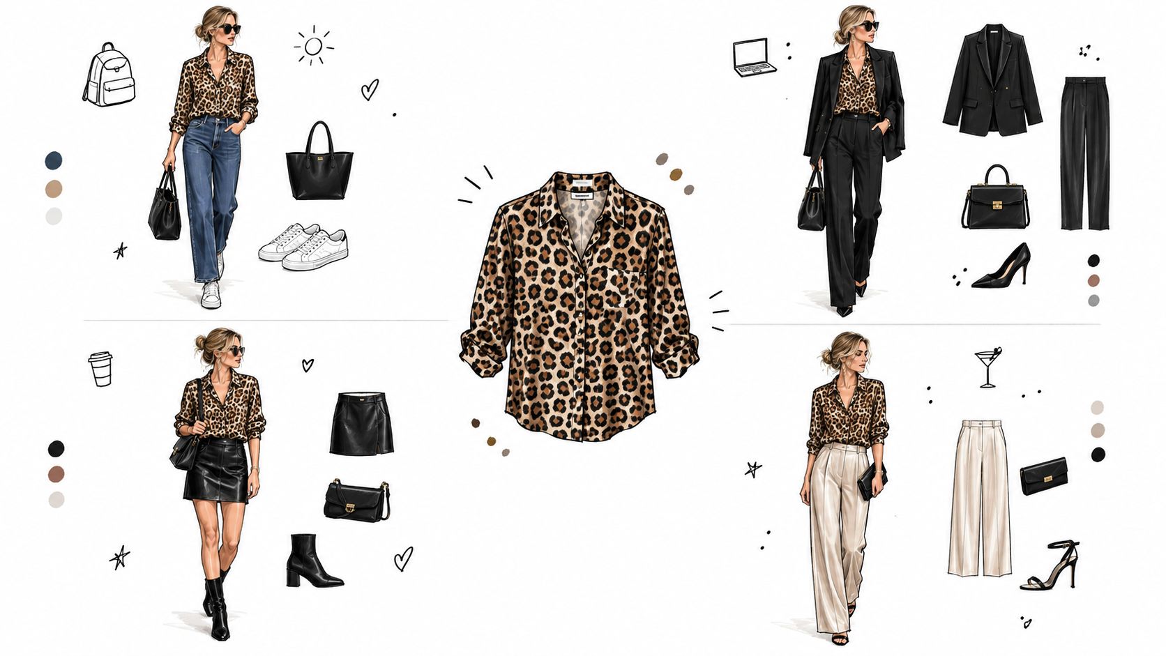 A central animal print shirt styled in four different outfits featuring trousers, skirts, blazers, and various accessories.