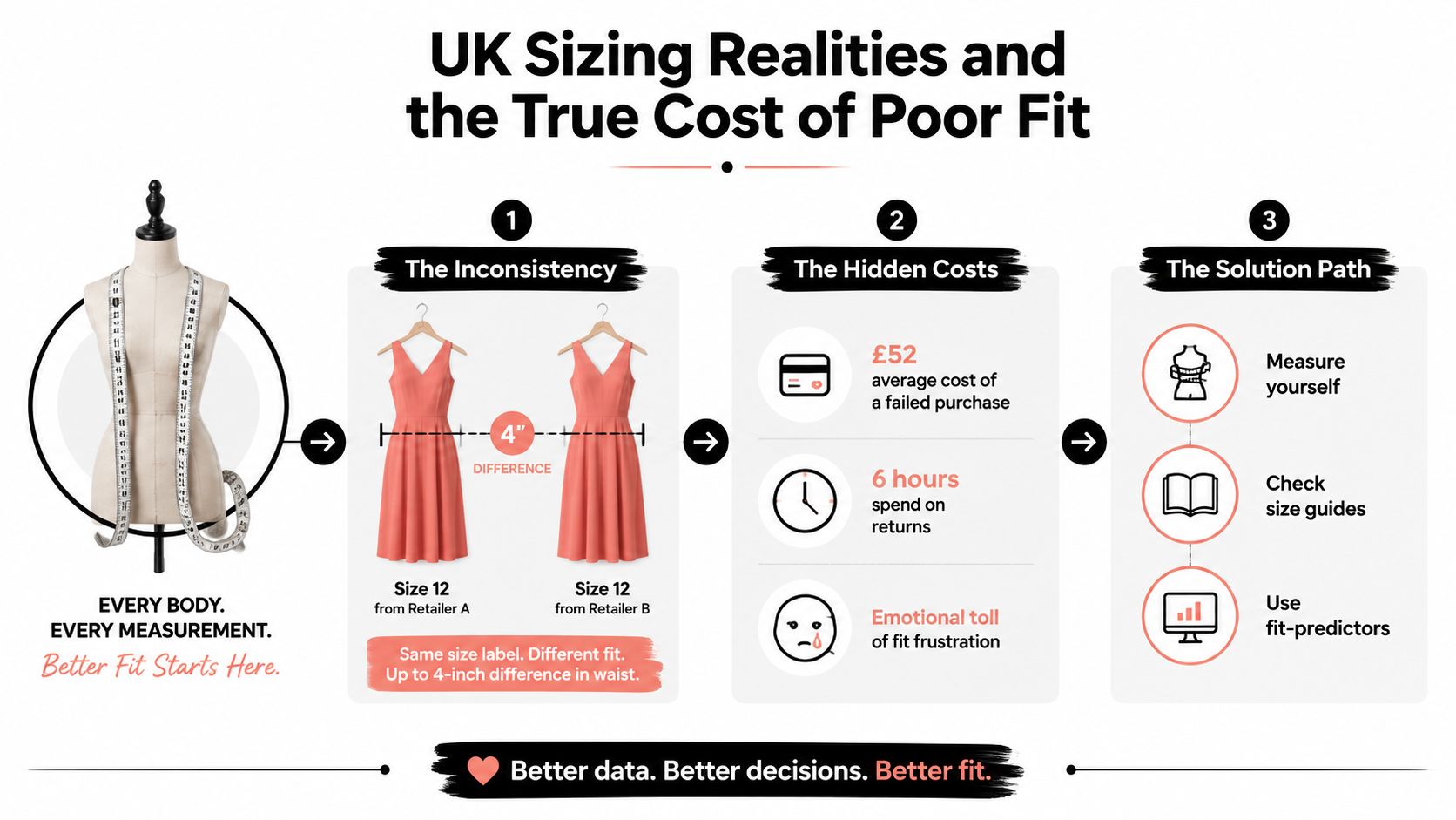 An infographic showing the inconsistencies of UK women's fashion sizing and the financial and emotional costs of poor fit.