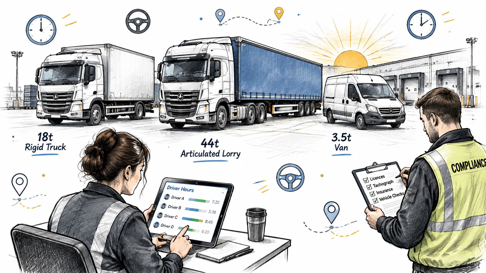 A transport manager monitors live driver hours on a tablet while an inspector checks vehicle compliance documentation.