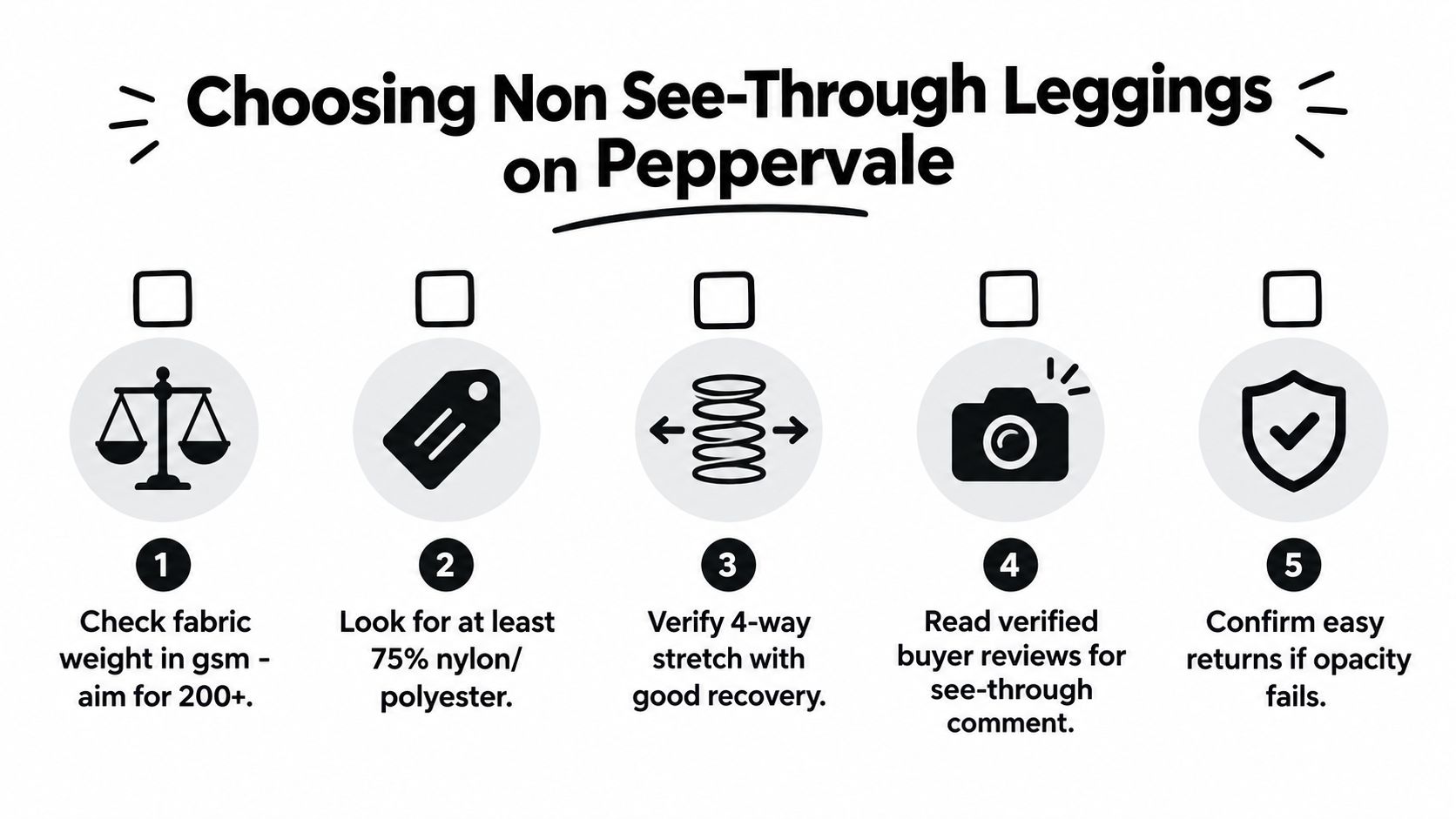 An infographic titled Choosing Non See-Through Leggings on Peppervale showing five numbered tips for buying opaque leggings.