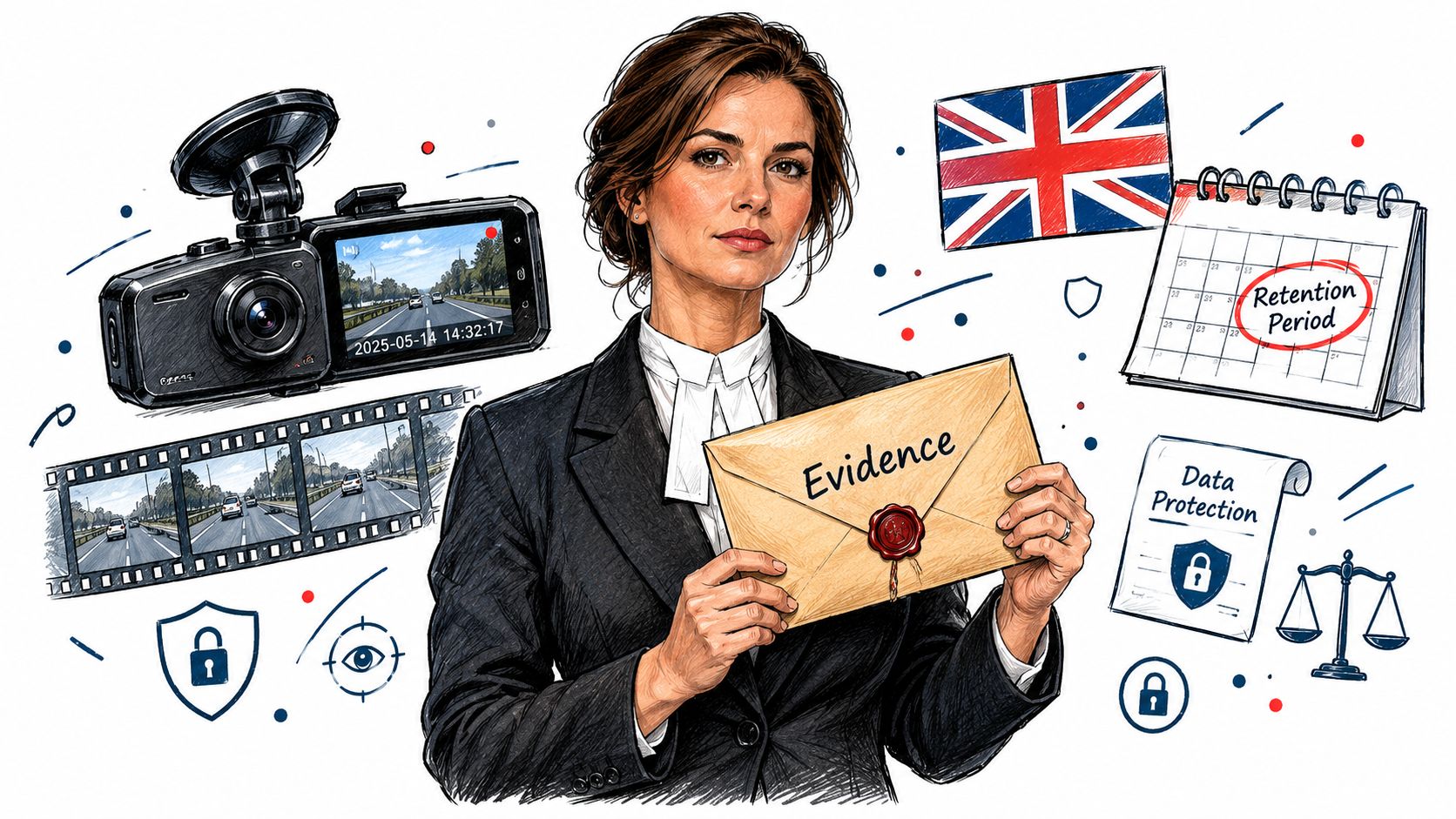 A legal professional holding an evidence envelope alongside dash cam footage, data protection symbols, and UK flag.