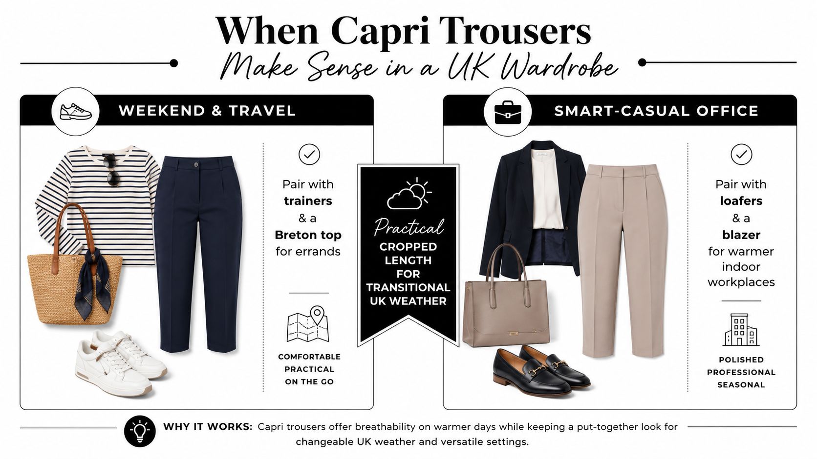 An infographic showing two styling options for women's capri trousers, featuring weekend and office outfits.