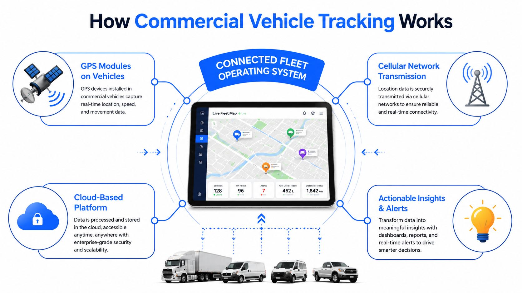 A diagram illustrating the process of commercial vehicle tracking from GPS modules to actionable cloud-based insights.