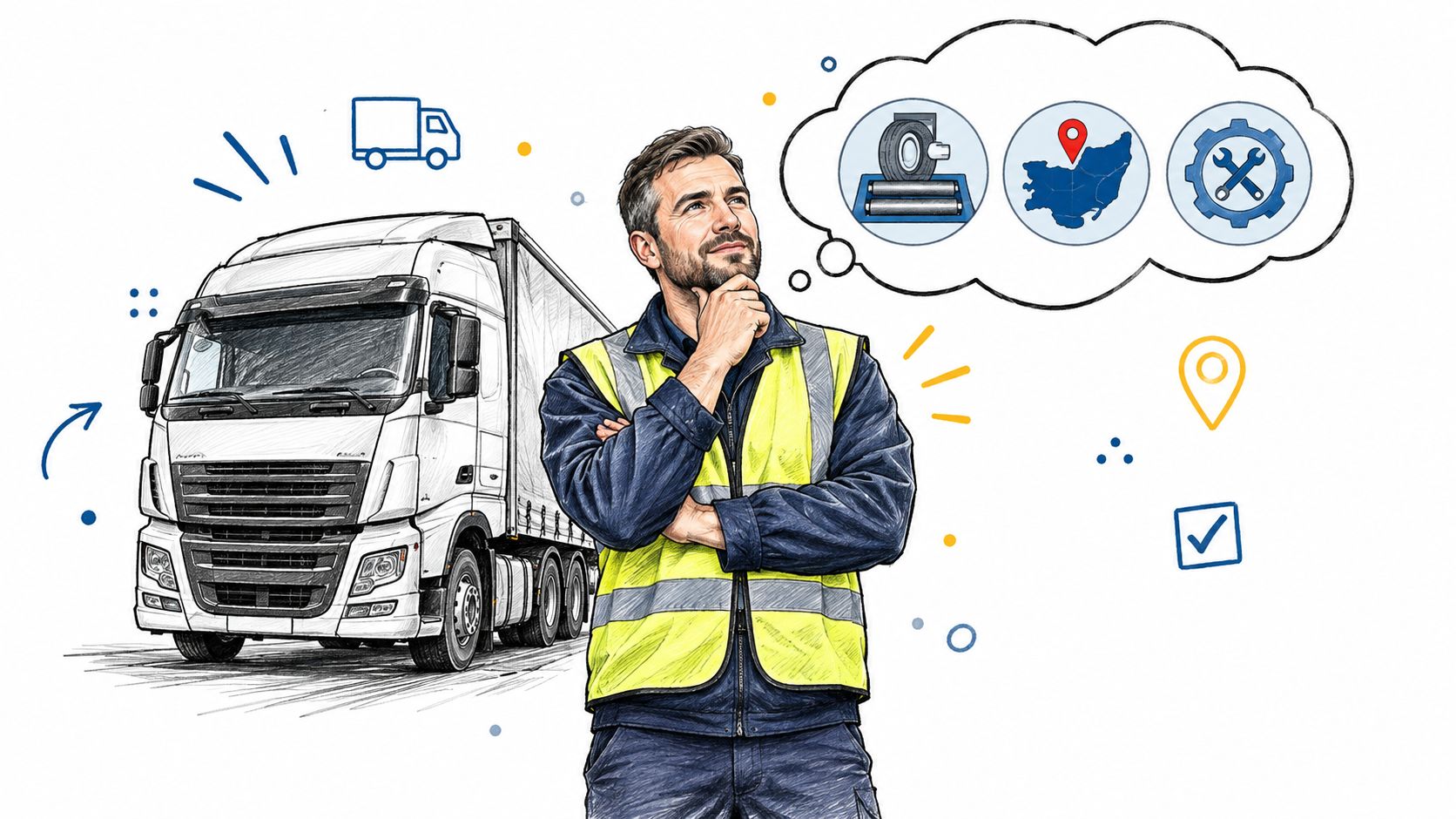A professional truck driver standing in front of a semi-truck while thinking about logistics and maintenance services.