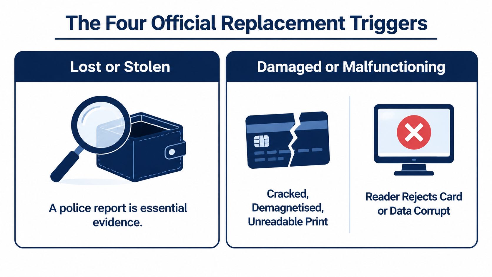 An infographic titled The Four Official Replacement Triggers showing icons for lost, stolen, damaged, or malfunctioning cards.