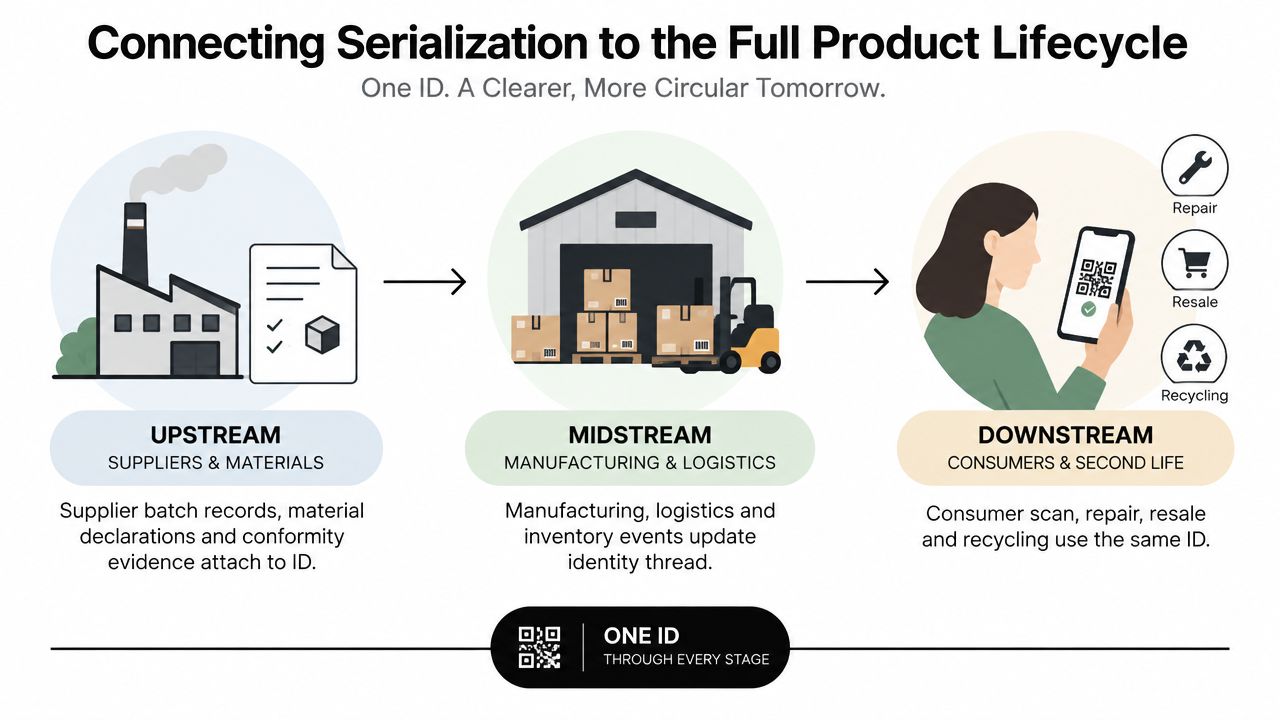 A diagram illustrating product serialization across the upstream, midstream, and downstream stages of the supply chain.