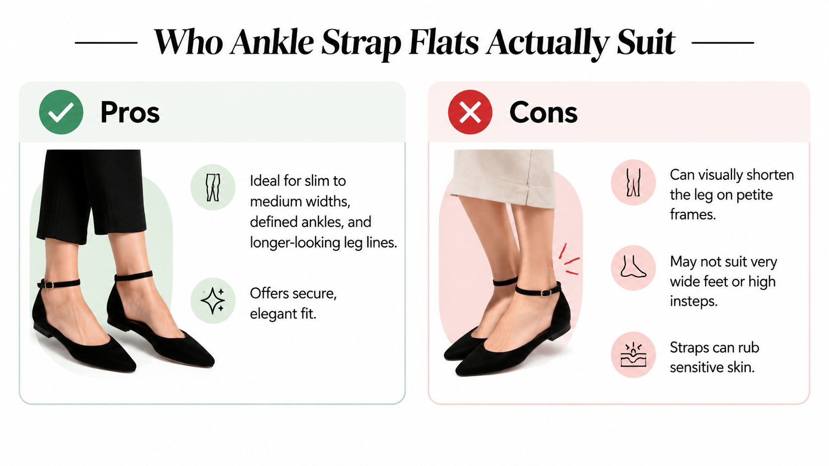 An infographic showing the pros and cons of wearing black ankle strap flat shoes for different body types.