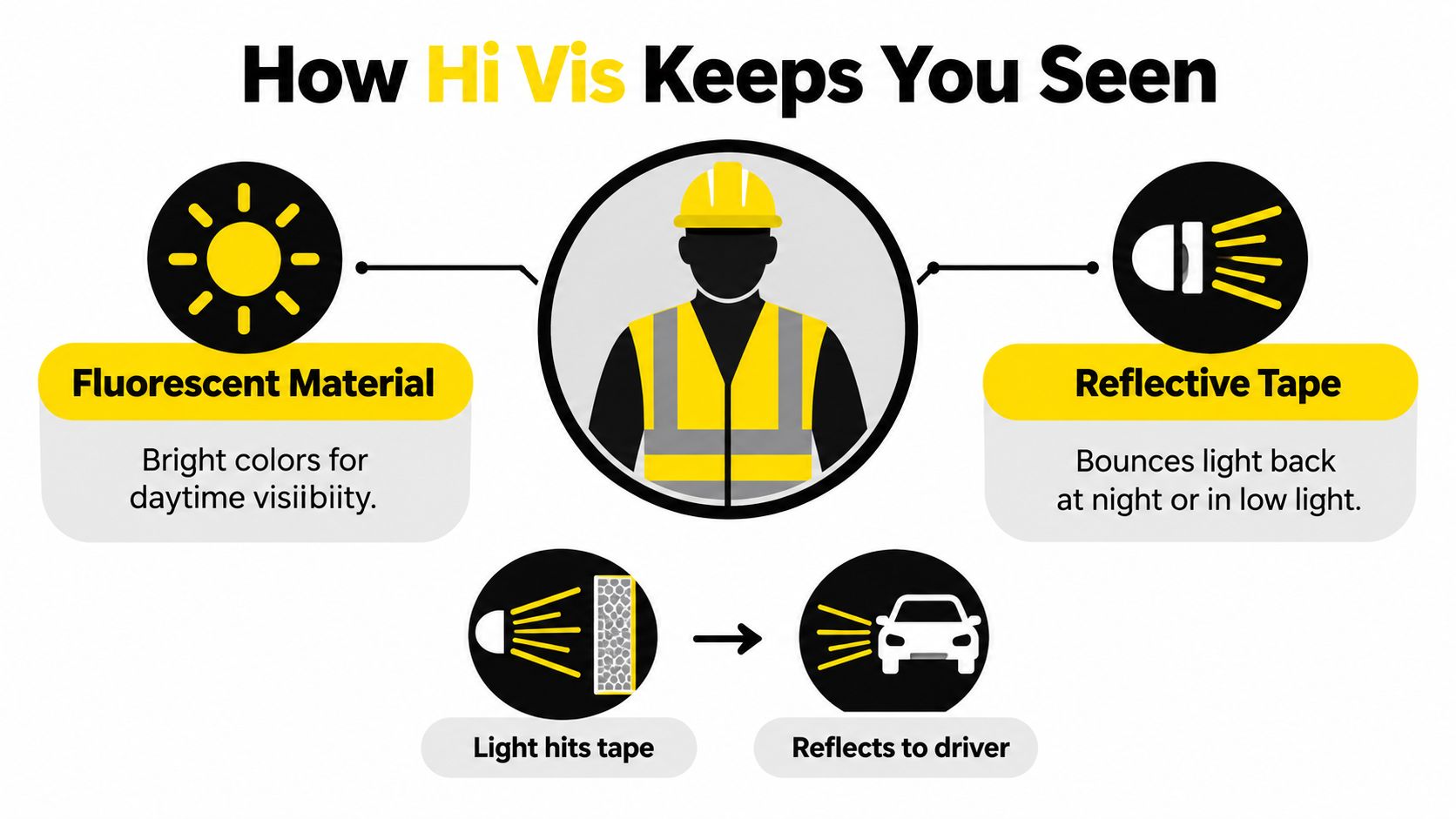 An infographic explaining how fluorescent material and reflective tape on hi vis workwear improve visibility and safety.
