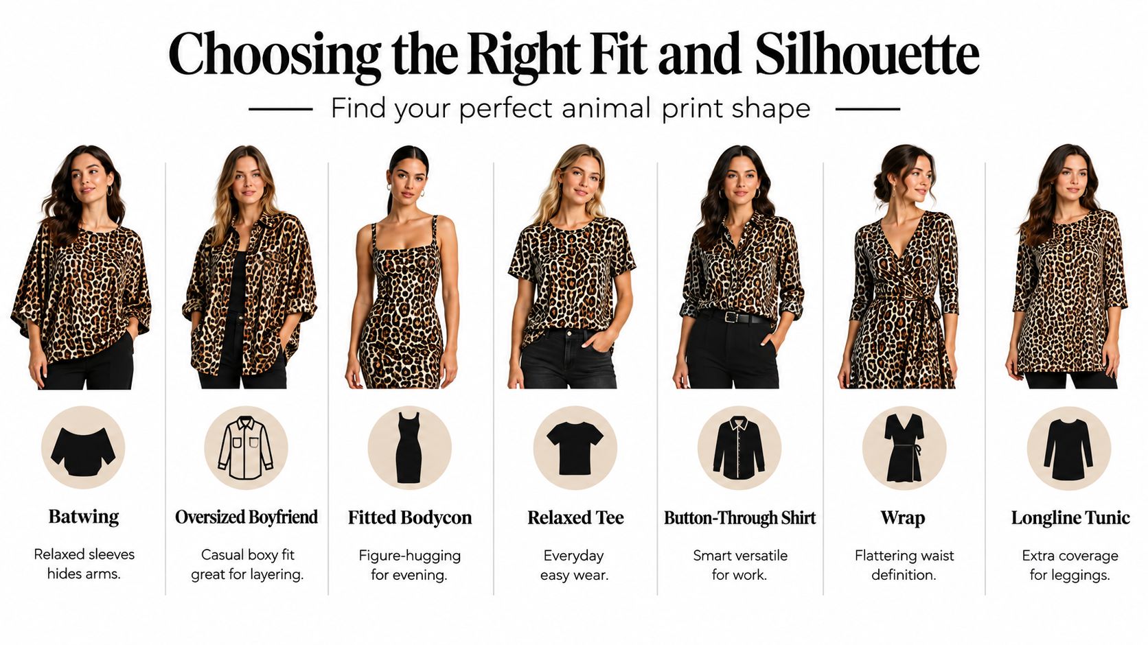 A fashion infographic displaying seven different styles of animal print clothing for women on models.