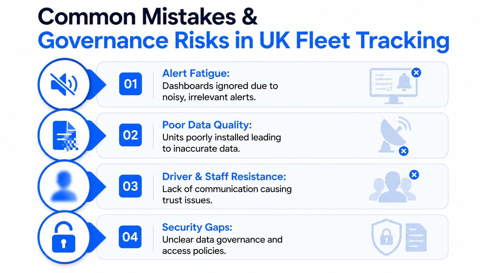 An infographic detailing four common mistakes and governance risks in UK fleet tracking systems and data management.