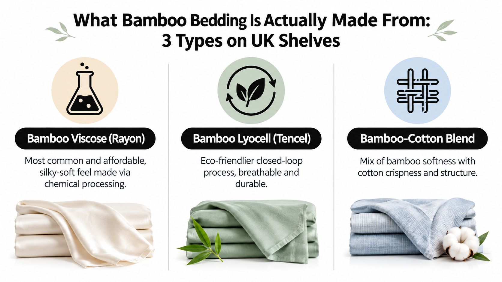 A graphic illustration comparing three types of bamboo bedding: Bamboo Viscose, Bamboo Lyocell, and Bamboo-Cotton Blend.