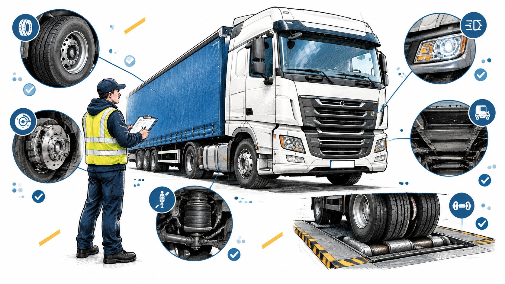 A technician inspects a heavy goods vehicle in a workshop, checking various mechanical components for safety compliance.