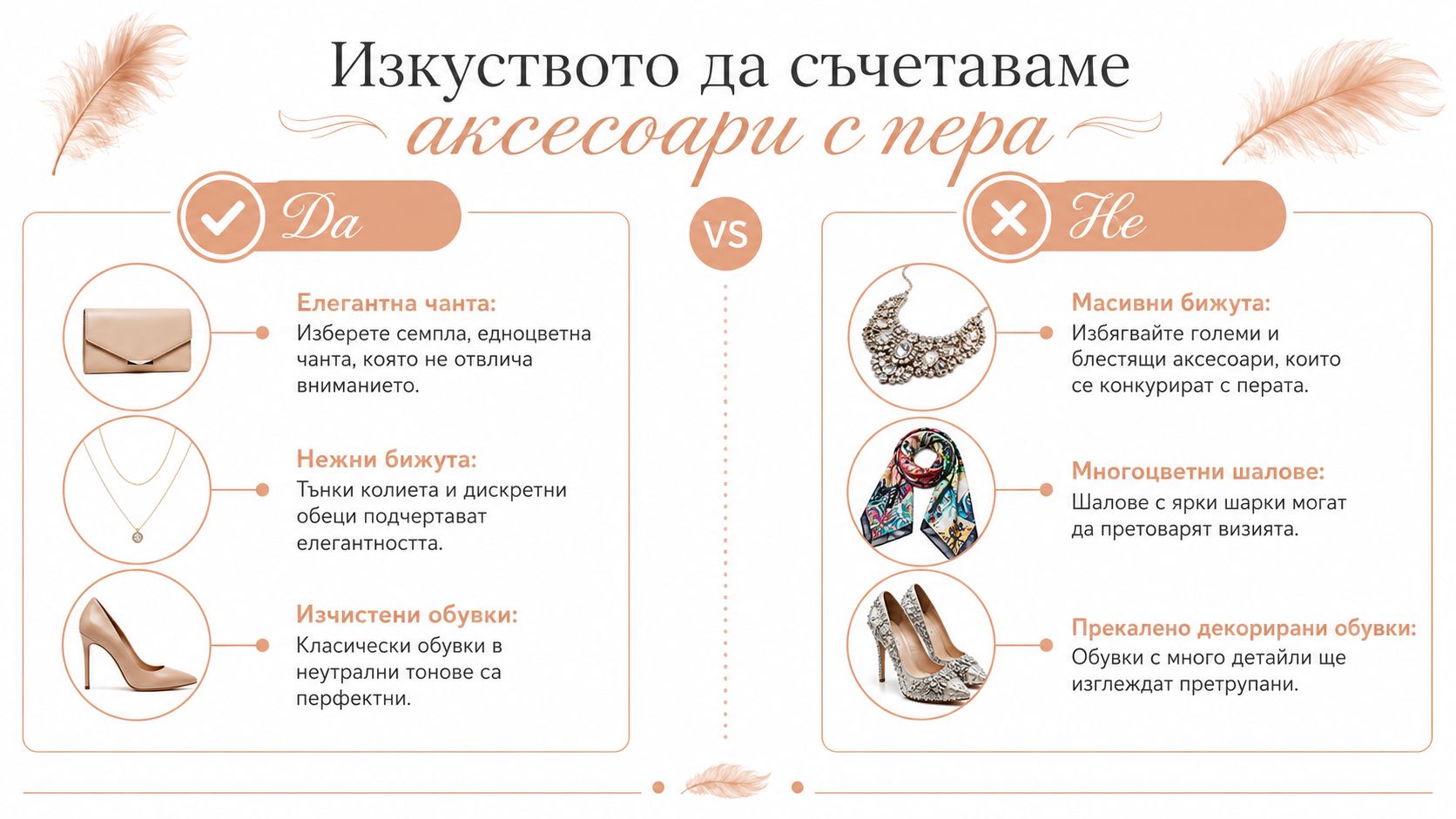 Инфографика, показваща съвети за правилно и грешно съчетаване на аксесоари с облекло с пера.