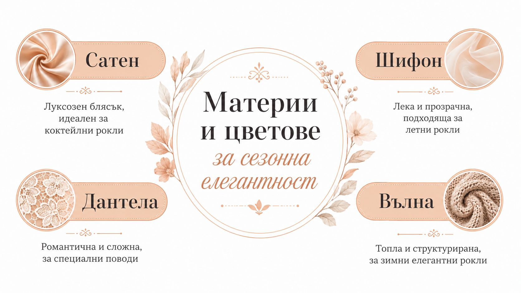 Инфографика, представяща различни видове материи за елегантни рокли като сатен, шифон, дантела и вълна с кратки описания.