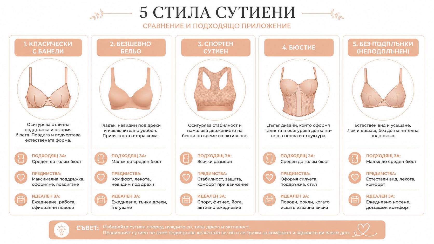 Инфографика, показваща пет различни стила дамски сутиени с описание на техните предимства и най-подходящи приложения.