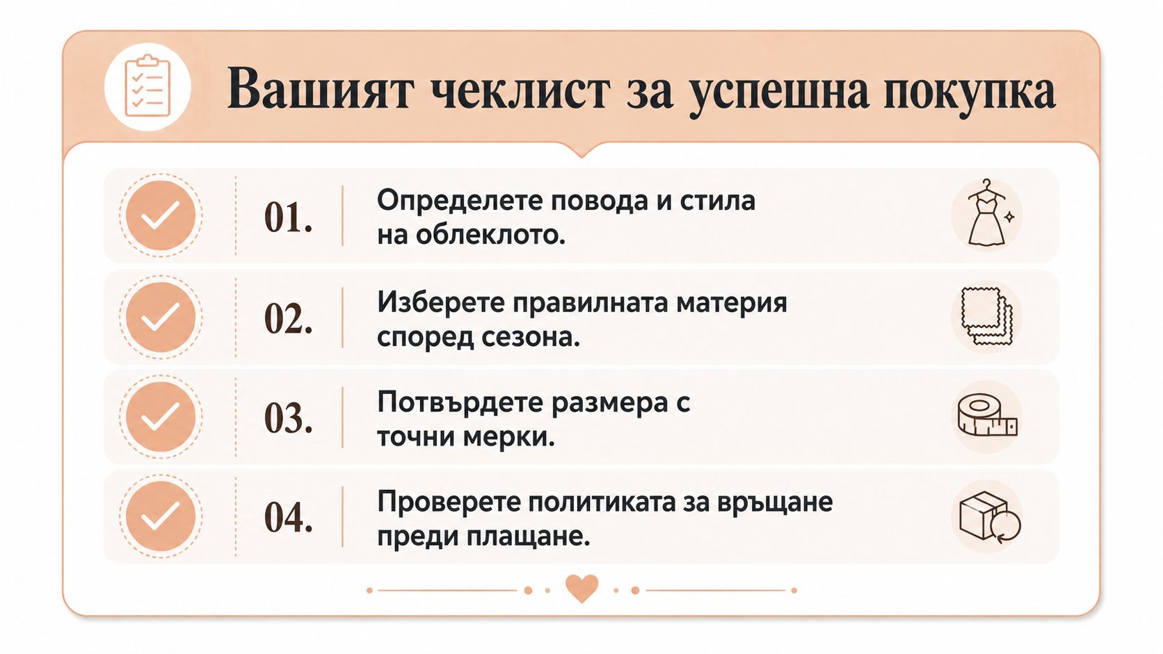 Чеклист за успешна покупка с четири стъпки, включващи избор на стил, материя, размери и политика за връщане.