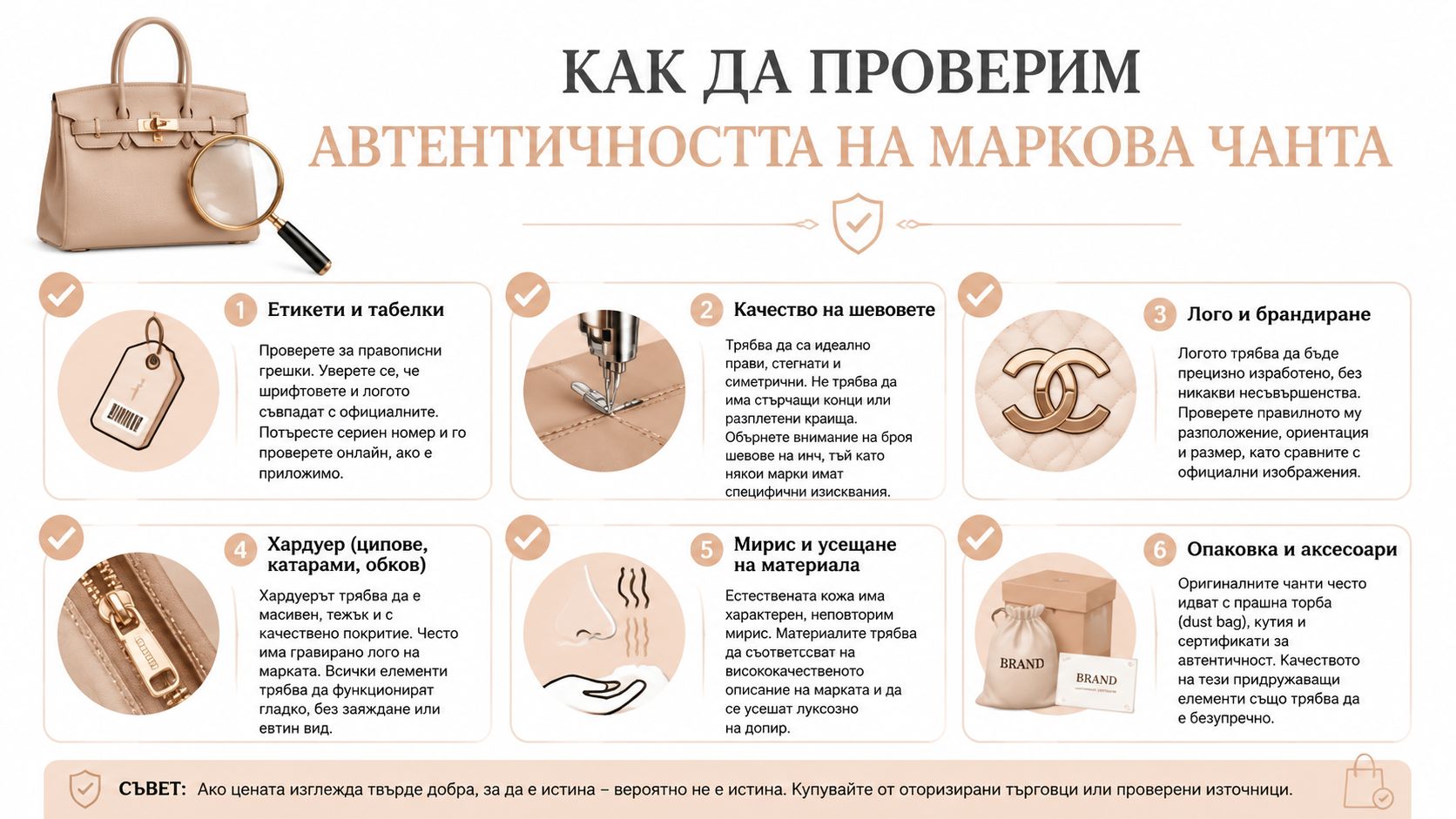 Инфографика с шест стъпки за разпознаване на автентичността на маркови дамски чанти чрез проверка на детайлите.
