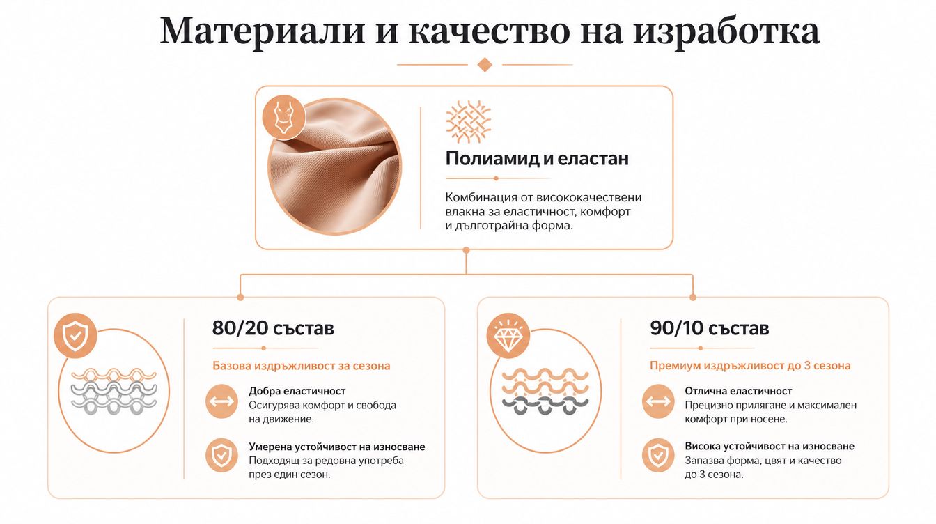 Сравнителна таблица за материали, състав и издръжливост на дамски бански от полиамид и еластан.