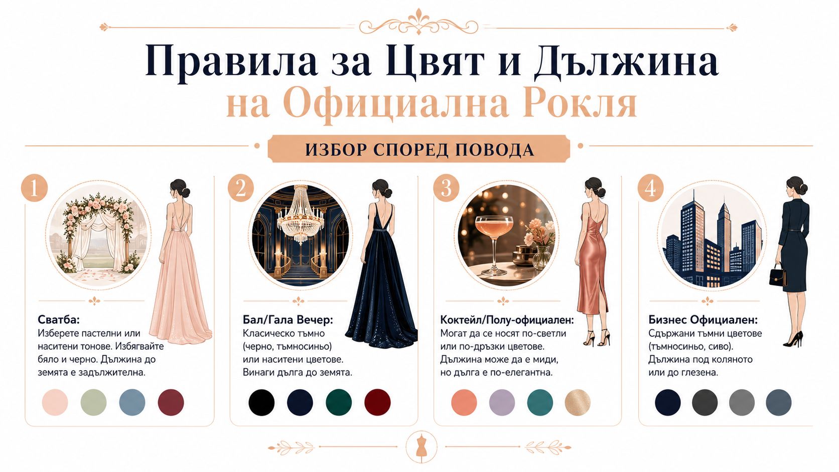Инфографика с правила за избор на цвят и дължина на официална рокля според повода и събитието.