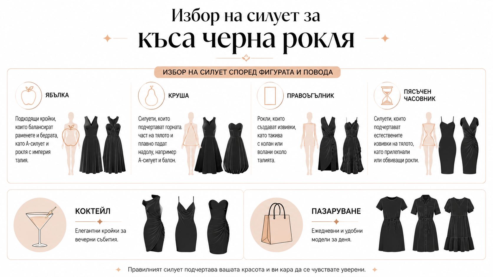 Инфографика, показваща как да изберете подходящ силует на къса черна рокля според типа фигура и повода.